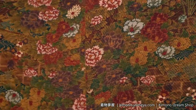 Brown Komon Kimono - Vintage Soft High Quality Chirimen Silk with Chrysanthemums, Peonies, Irises, Camellia, Kinpaku, Rivers, Kaede, Pine Trees