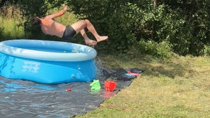 Man's ambitious cartwheel and backflip combo ends in a funny pool flop