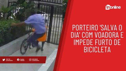 Porteiro 'salva o dia' com voadora e impede furto de bicicleta; vídeo