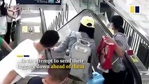Una mujer es atropellada por una maleta fuera de control abandonada en una escalera mecánica