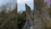 Aventurero hace salto BASE en un pináculo de piedra de 30 metros de altura