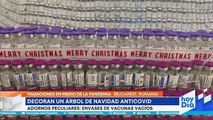 Decoran árbol de Navidad con envases de vacunas en Rumania