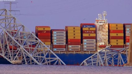 Wreckage after cargo ship rammed Baltimore bridge