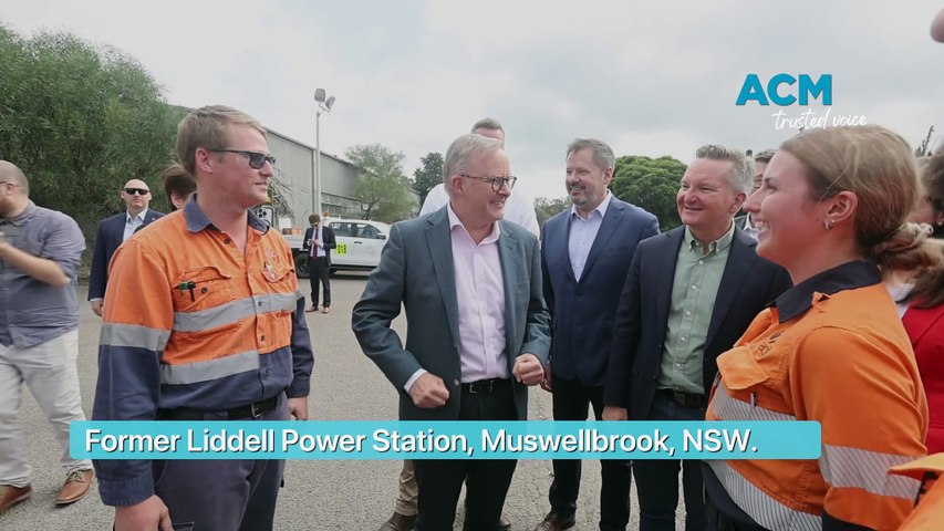 Prime Minister Anthony Albanese at the annoucement of AGL and solar technology company SunDrive signing a memorandum of understanding to explore the development of a solar panel manufacturing facility at the site of the former Liddell power station.