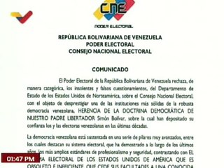 El Poder Electoral rechaza categóricamente los falsos cuestionamientos por parte de EE.UU.