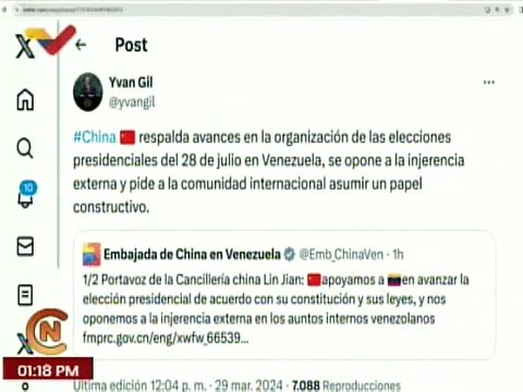 China respalda proceso electoral en Venezuela y rechaza interferencias externas