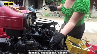 The girl uses a buffalo to pull a broken machine head for repair, turns it into thousands of dollars