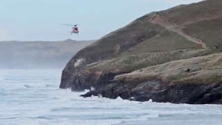 Dramatic sea rescue of dog walker at Cottys Point in Perranporth, Cornwall