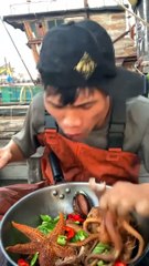 Chinese fisherman cooking & eating fresh seafood mukbang