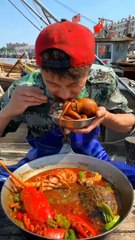 Chinese fisherman cooking & eating fresh seafood mukbang
