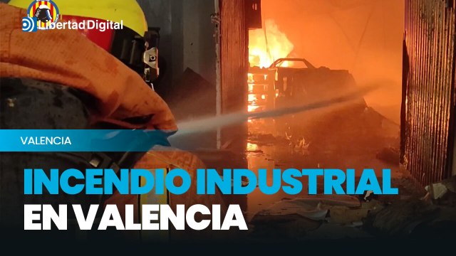 Los bomberos trabajan en el incendio que afecta a cinco naves de una empresa en Valencia