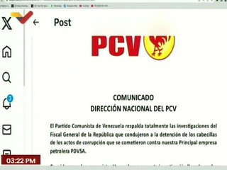 Partido PCV respalda las investigaciones sobre actos de corrupción en Venezuela