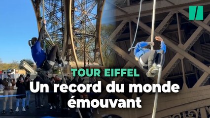 Anouk Garnier bat le record du monde de montée à la corde en grimpant sur la Tour Eiffel