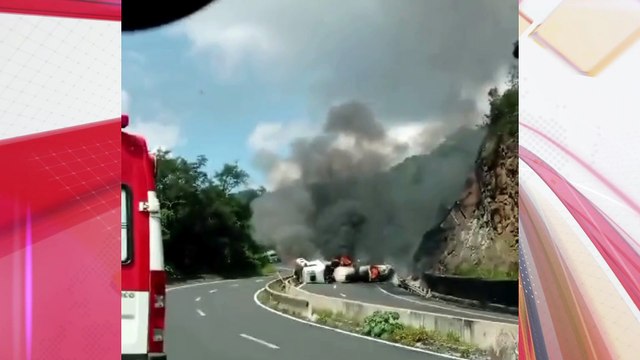 Caminhão de combustível pega fogo na BR-376 e fumaça bloqueia pista