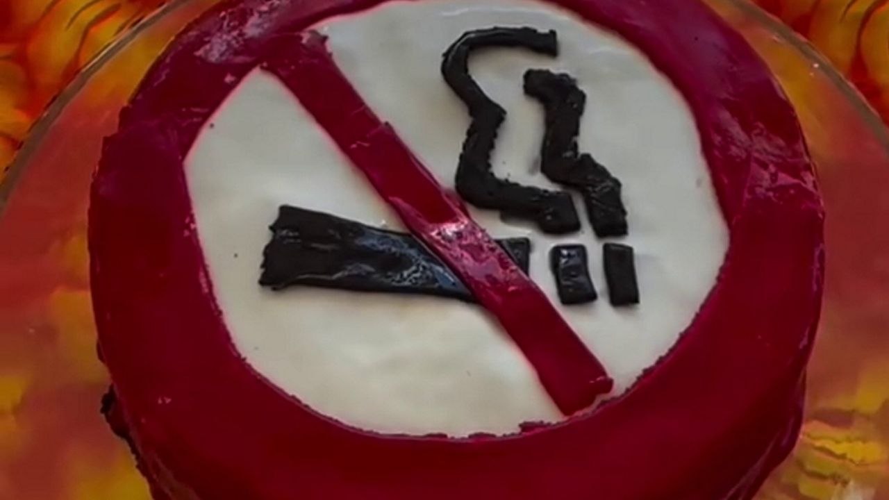 Tot obsessed with safety signage had sign-themed birthday party with "no smoking" cake