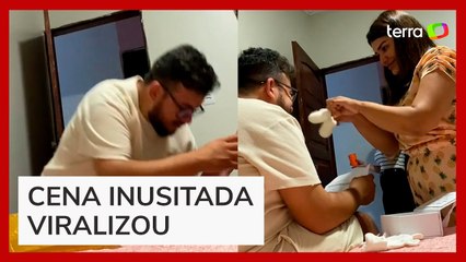 Homem desmaia ao descobrir gravidez da esposa, e cena viraliza nas redes sociais