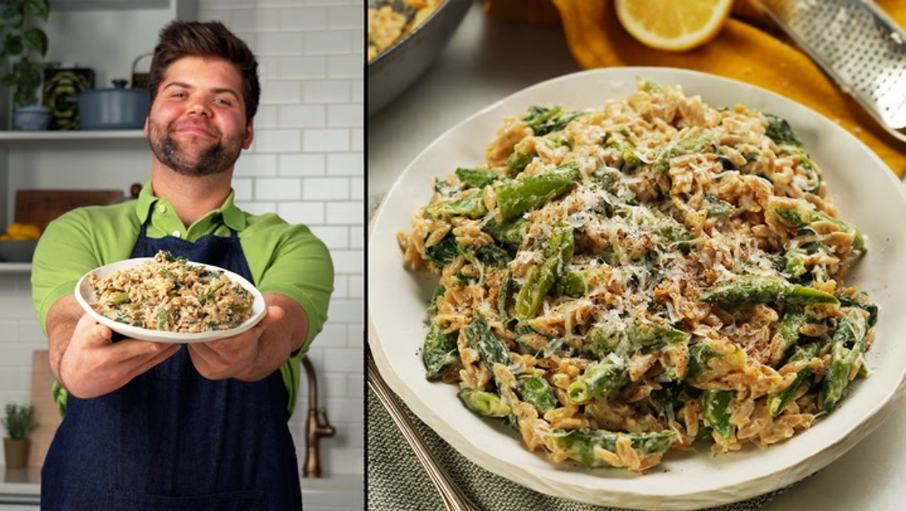 How to Make Creamy Lemon Orzo with Spinach and Snap Peas