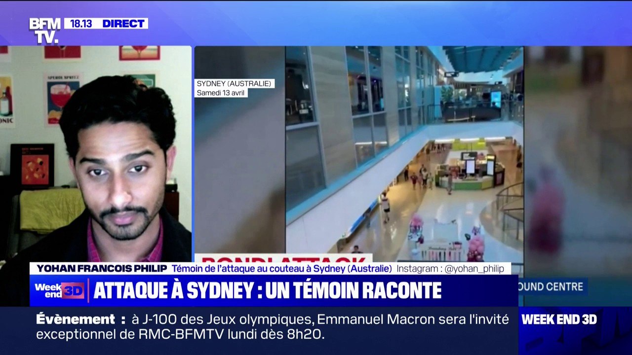 "J'ai vu l'assaillant tomber avec cet énorme couteau dans sa main droite", raconte Yohan Francois Philip, témoin de l'attaque au couteau à Sydney