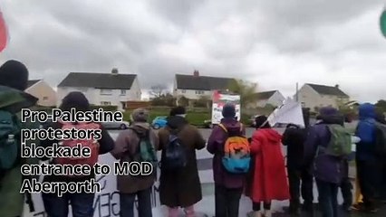 60 Palestine protestors block entrance to MOD Aberporth on global day of action
