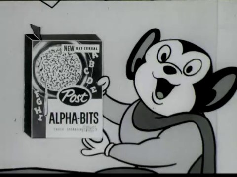 1950s Alpha Bits and MIGHTY MOUSE cereal TV commercial with a villain cat