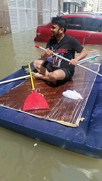 Rains in UAE: Residents use makeshift boats to buy groceries, travel in flooded streets