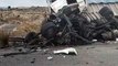 El camión tipo bañera que conducía el chófer de Alicante, este viernes, tras la colisión frontal con otro camión en la RM-411.