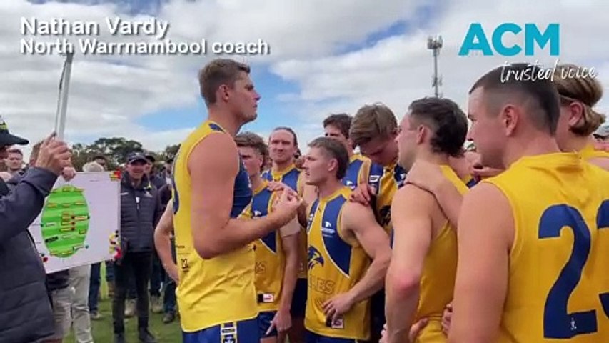 Watch: North Warrnambool Eagles coach Nathan Vardy addresses his players at quarter-time against Port Fairy in round three