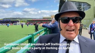 Hartlepool United president Jeff Stelling joins the fans' Blues Brothers party at Dorking