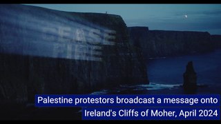 Palestine protestors broadcast a message onto Cliffs of Moher