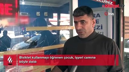 Bisiklet kullanmayı öğrenen çocuk, işyeri camına böyle daldı