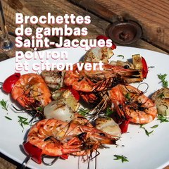 Brochettes gambas Saint-Jacques poivron et citron vert