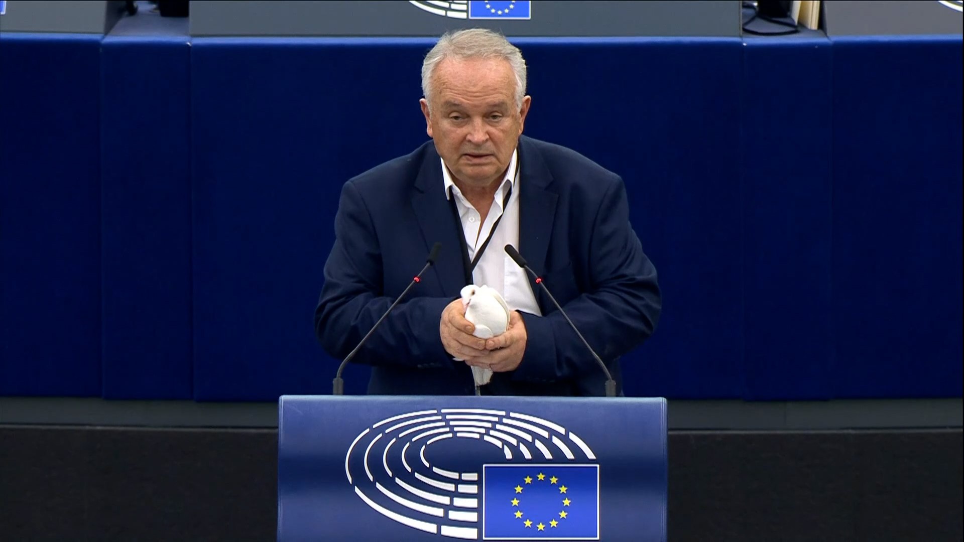 Un eurodiputado suelta una paloma en el Parlamento Europeo para pedir la paz