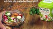 Salade aux 2 lentilles, lardons fumés, tomates cerises, oignons ciselés et dés de salade Ail & Fines Herbes Boursin