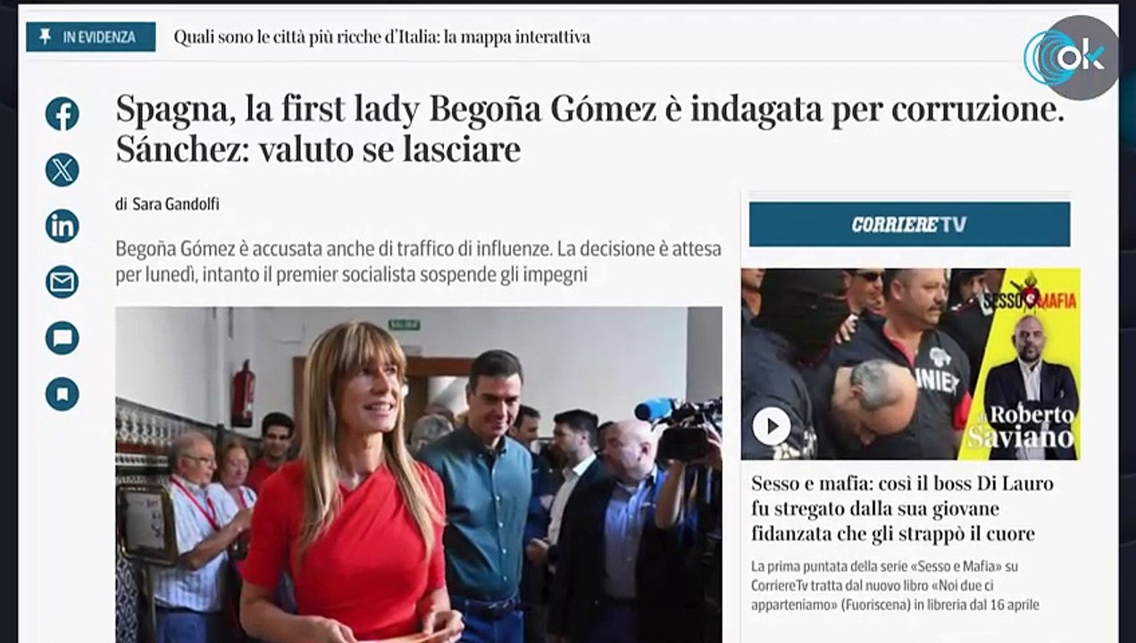 La prensa mundial destaca que la mujer de Sánchez está «investigada por corrupción»