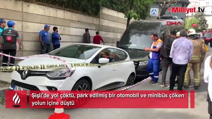 Şişli'de panik anları! Yol çöktü, araçlar içine düştü