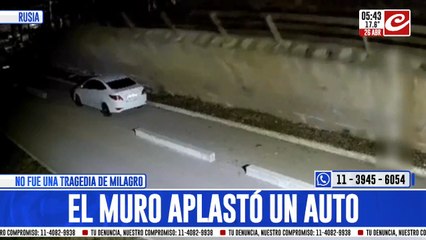 Impresionante: muro de hormigón se derrumba y aplasta a un automóvil
