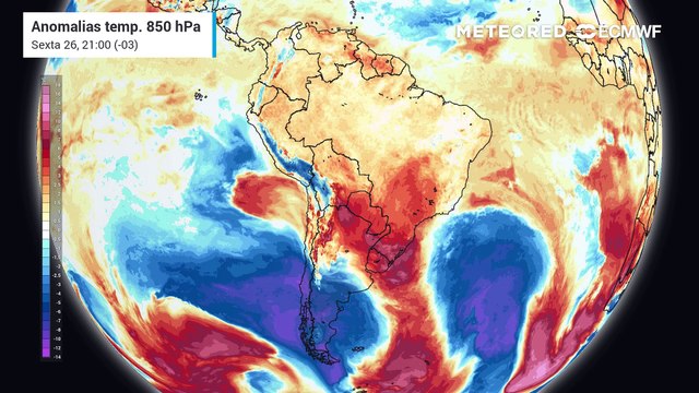 Previsão de anomalias de temperatura a 850 hPa até segunda-feira (29)