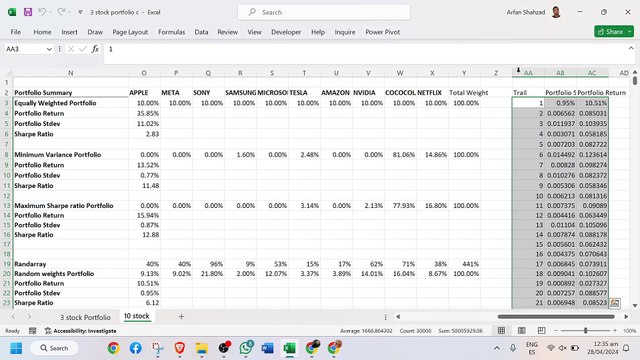 10 ten stocks portfolios, minimum variance portfolio efficient frontier, Capital asset line in excel
