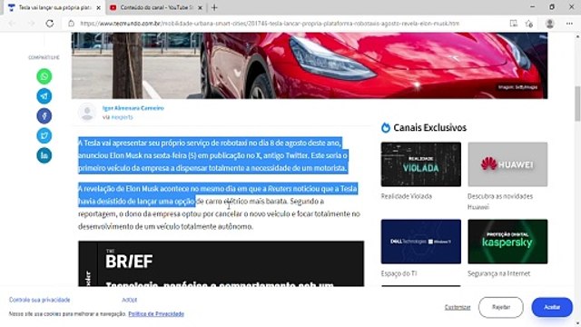 Tesla vai lançar sua própria plataforma de robotaxis em agosto, revela Elon Musk