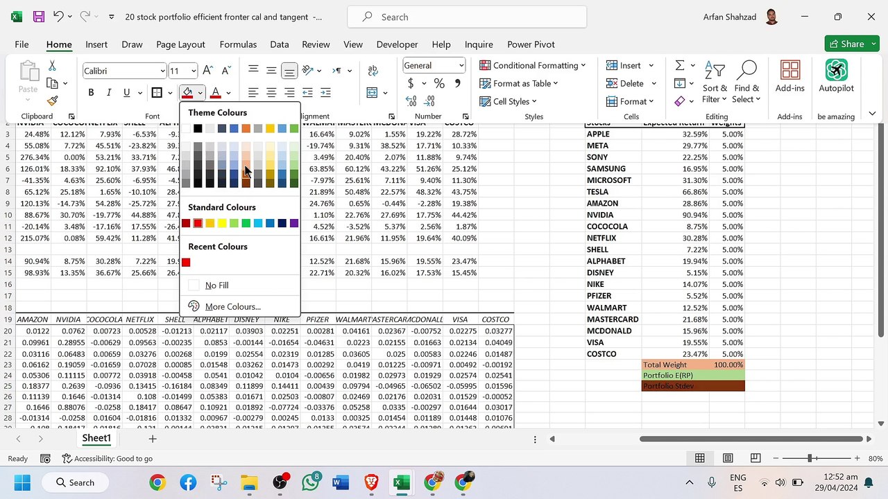 Building a Diversified 20 Stocks Portfolio: Maximizing Returns with Efficient Frontier Analysis20 stocks portfolio expected return standard deviation sharpe ratio efficient frontier capital assets line CAL and tengent portfolio