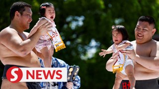 100 crying babies face off at annual sumo festival