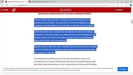 Protestos pró-Palestina alunos de Columbia não se dispersam após 'ultimato'; direção começa a aplicar suspensões