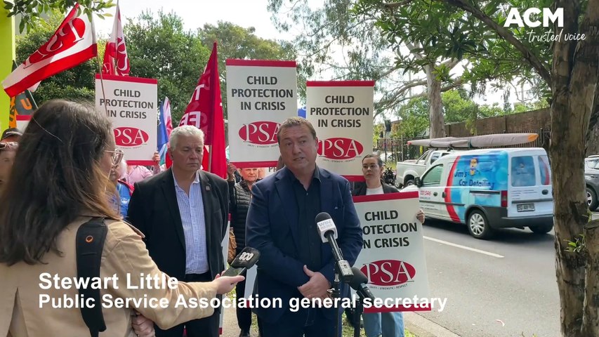 Public Service Association general secretary Stewart Little speaks as Wollongong child protection caseworkers walk out over a “crisis” in the system.