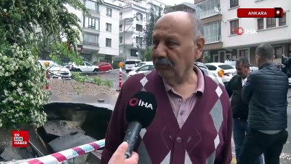 Ankara'da çöken yol elektrik direğini yuttu