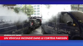 Un véhicule incendié dans le cortège parisien