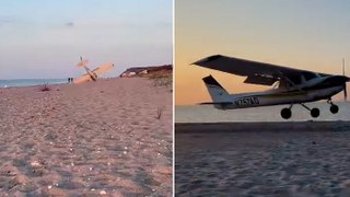 Watch: Plane makes emergency landing on Long Island beach