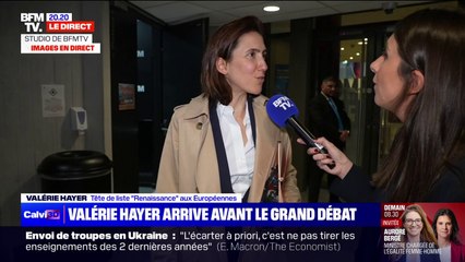 Valérie Hayer arrive dans les locaux de BFMTV pour débattre avec Jordan Bardella