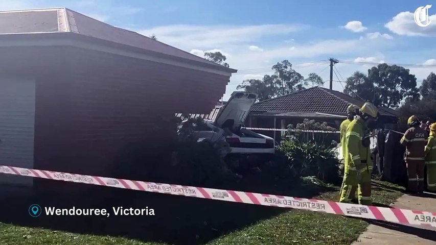A prestige Lamborghihi has crashed into a home in Wendouree, Victoria on Friday, May 3, causing massive damage. Footage by Alison Foletta.