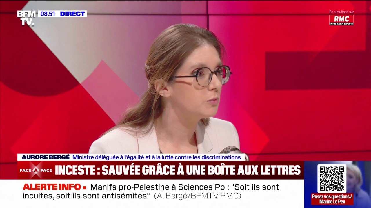 Inceste: "C'est beaucoup plus simple pour un enfant de faire un dessin", déclare Aurore Bergé, ministre déléguée à l'égalité et à la lutte contre les discriminations, qui se dit favorable à la mise en place de boîtes aux lettres dans les écoles