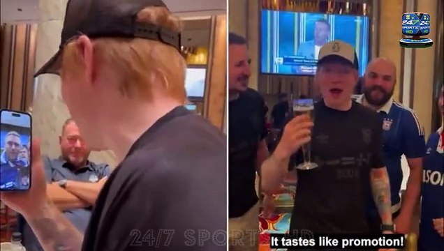 Tastes like promotion! Ed Sheeran celebrates his beloved Ipswich Town securing a place in the Premier League as he drinks a beer with fans in Miami
